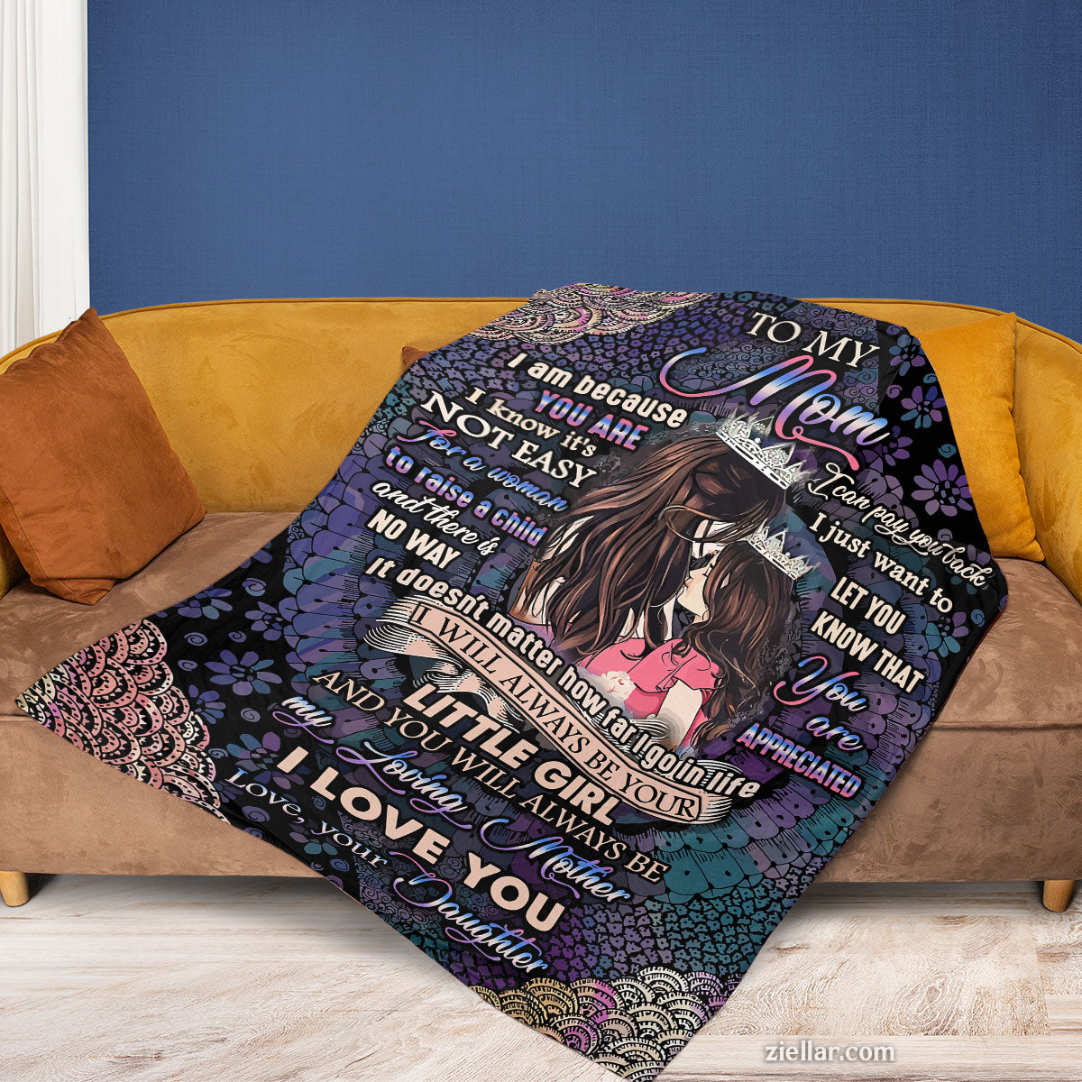 To My Mom Quilt Blanket, Fleece Blanket Love Gift from Daughter with Mandala Background