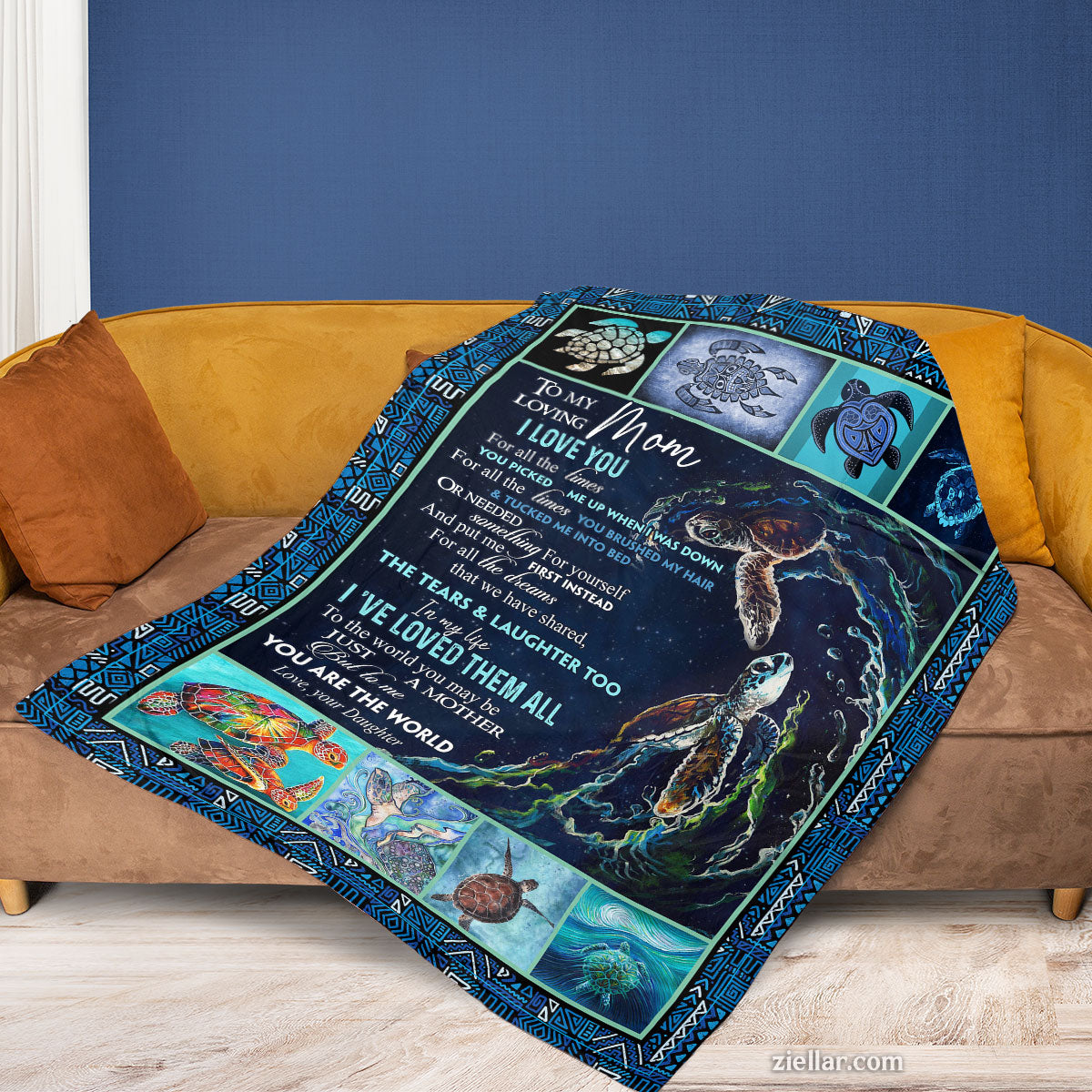 To My Mom Quilt Blanket, Fleece Blanket Gift from Son with Ocean Turtle Theme, Personalized