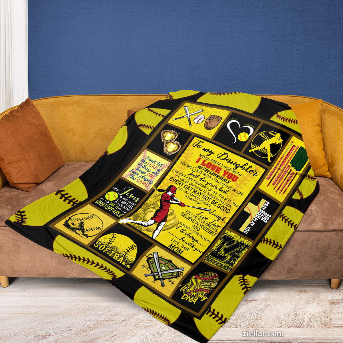 To My Daughter Quilt Blanket, Fleece Blanket Softball Theme with Yellow Black, Custome Name