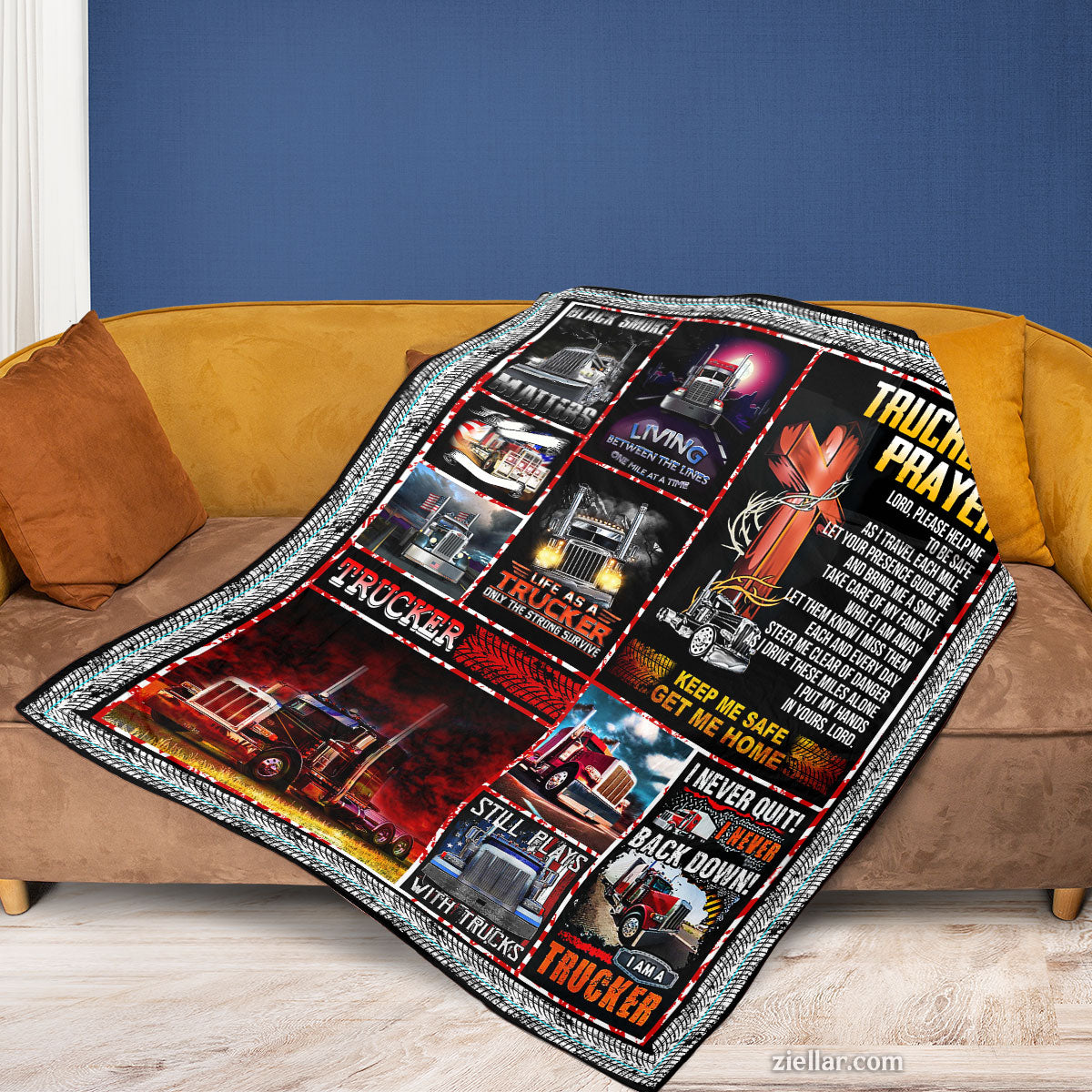 Trucker's Life Quilt Blanket, Fleece Blanket Truck Driving Patriotic Red Black Collage Gift