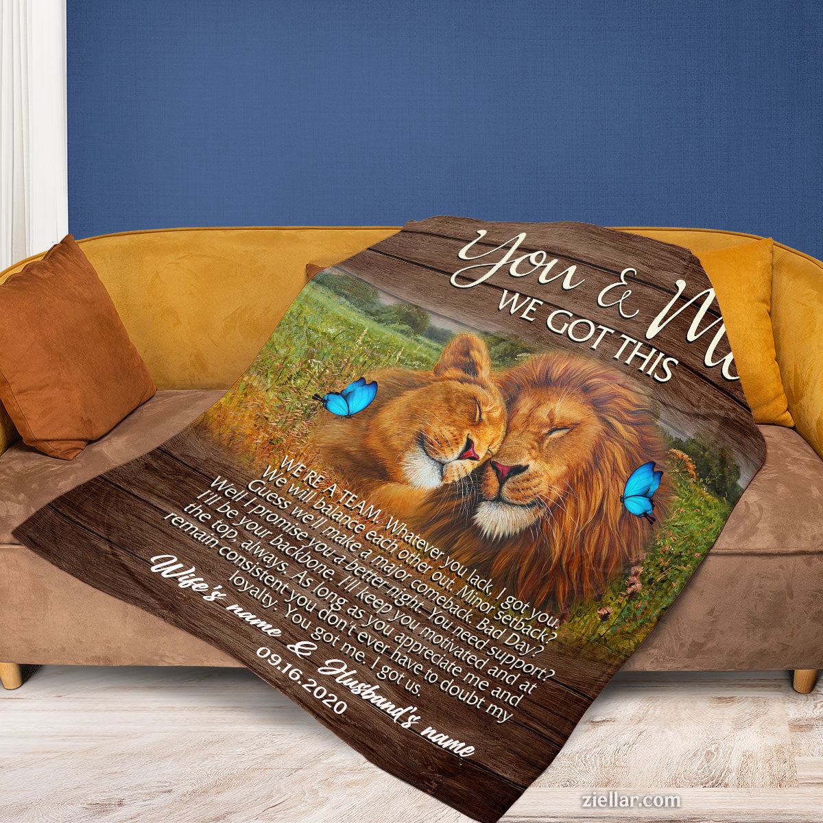 You & Me Quilt Blanket, Fleece Blanket Lion Couple with Butterflies Romantic Gift for Wife