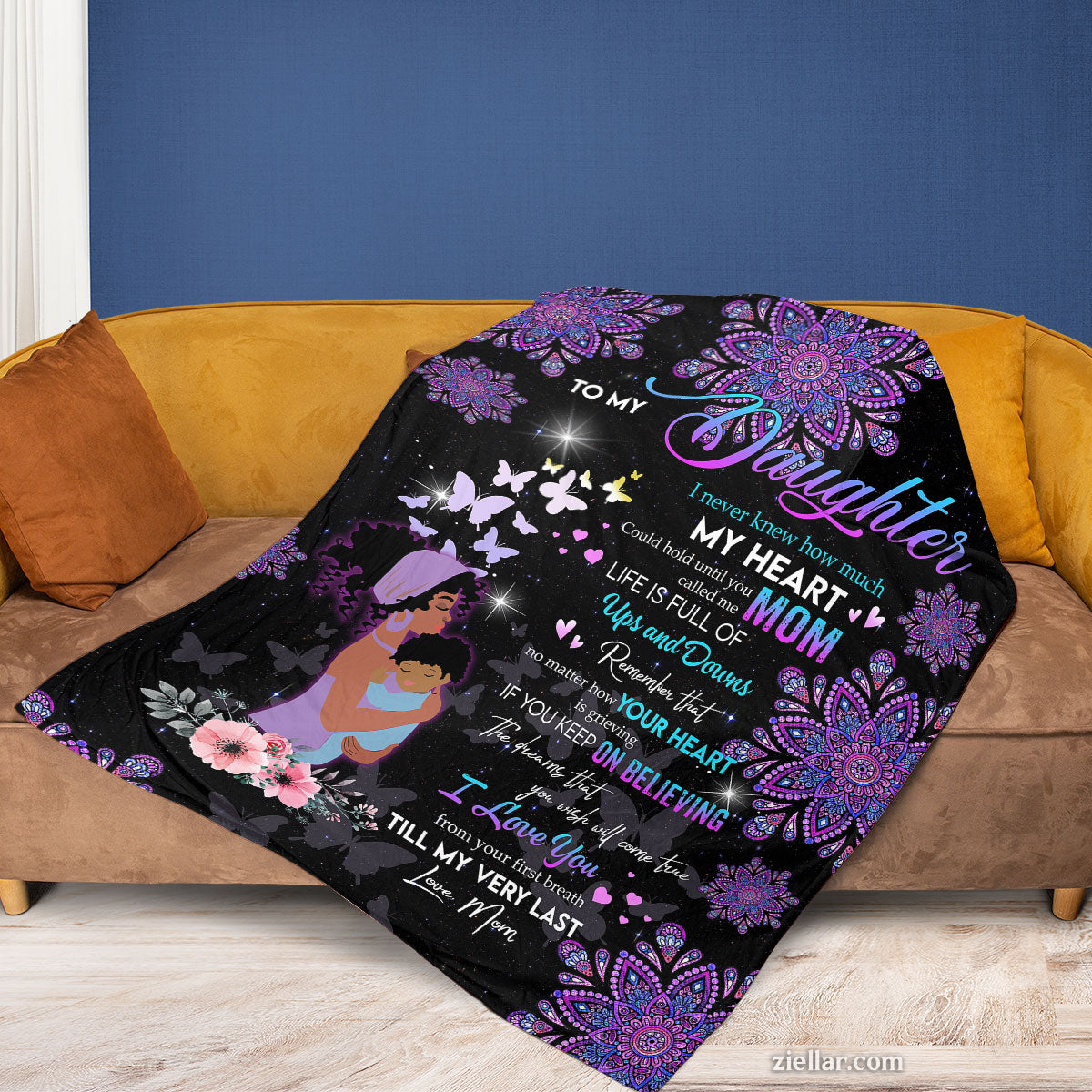 To My Daughter Quilt Blanket, Fleece Blanket Purple Mandala Art Gift from Mom, Custome Name