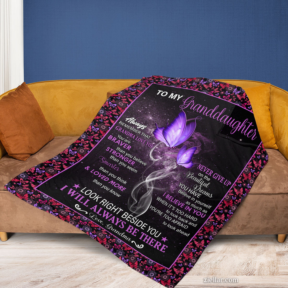 To My Granddaughter Quilt Blanket, Fleece Blanket Purple Butterfly Theme, Custome Name Gift