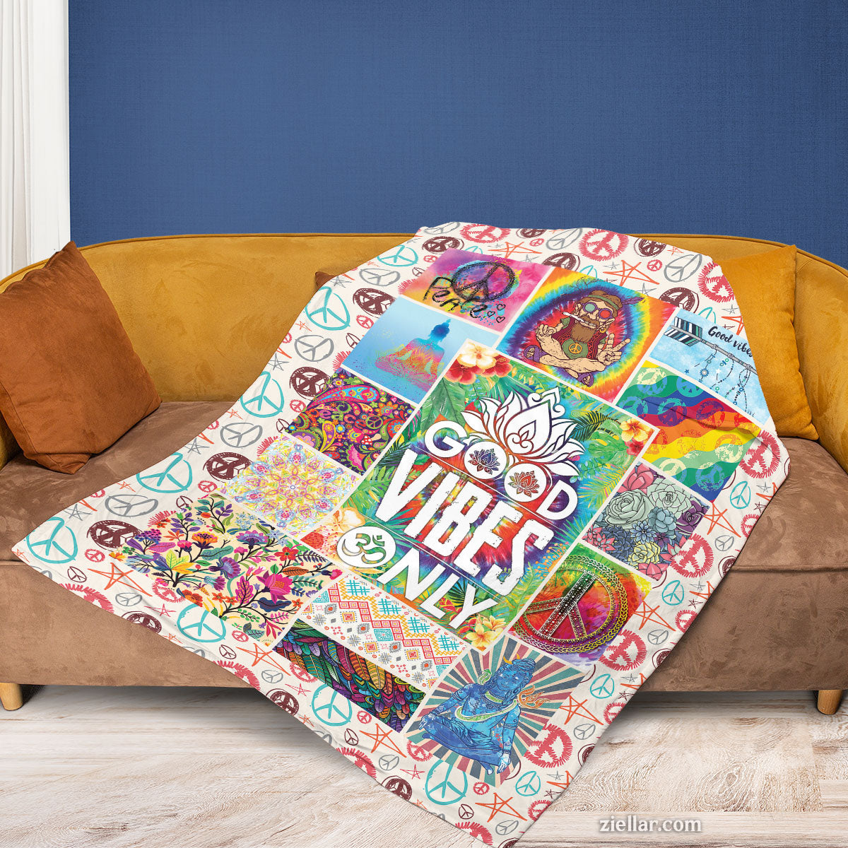 Good Vibes Only Quilt Blanket, Fleece Blanket Colorful Hippie Boho Art with Peace and Love