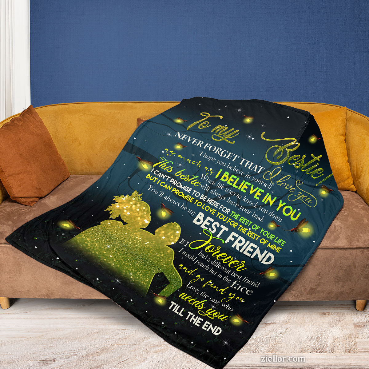 To My Bestie Quilt Blanket, Fleece Blanket Gift for Best Friend with Bear and Fireflies, Personalized