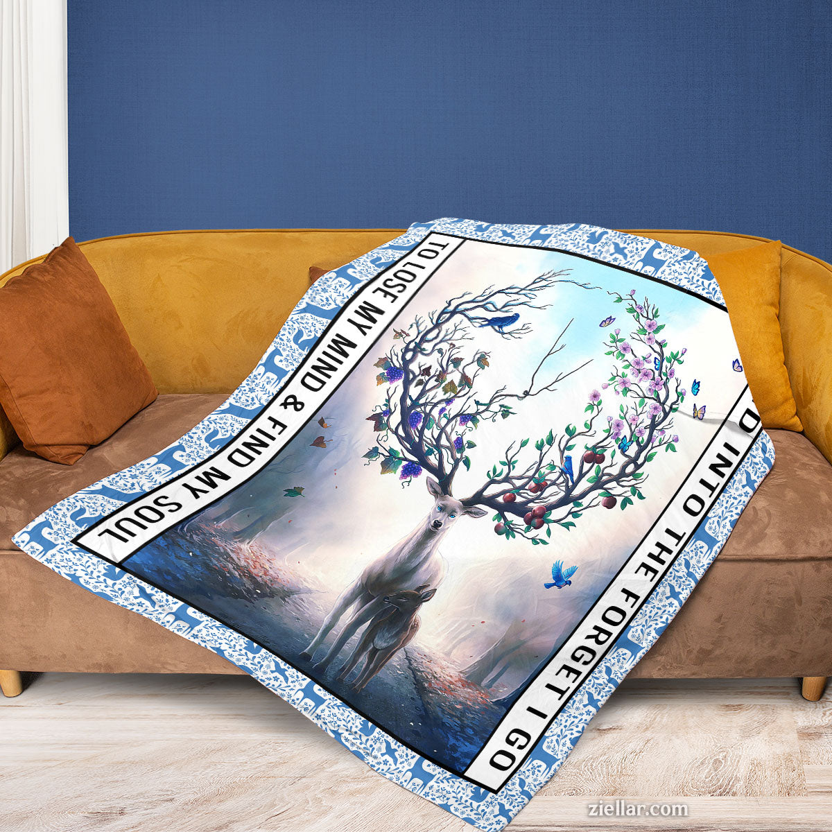 Deer Spirit Quilt Blanket, Fleece Blanket Inspirational Forest Design with Tree of Life