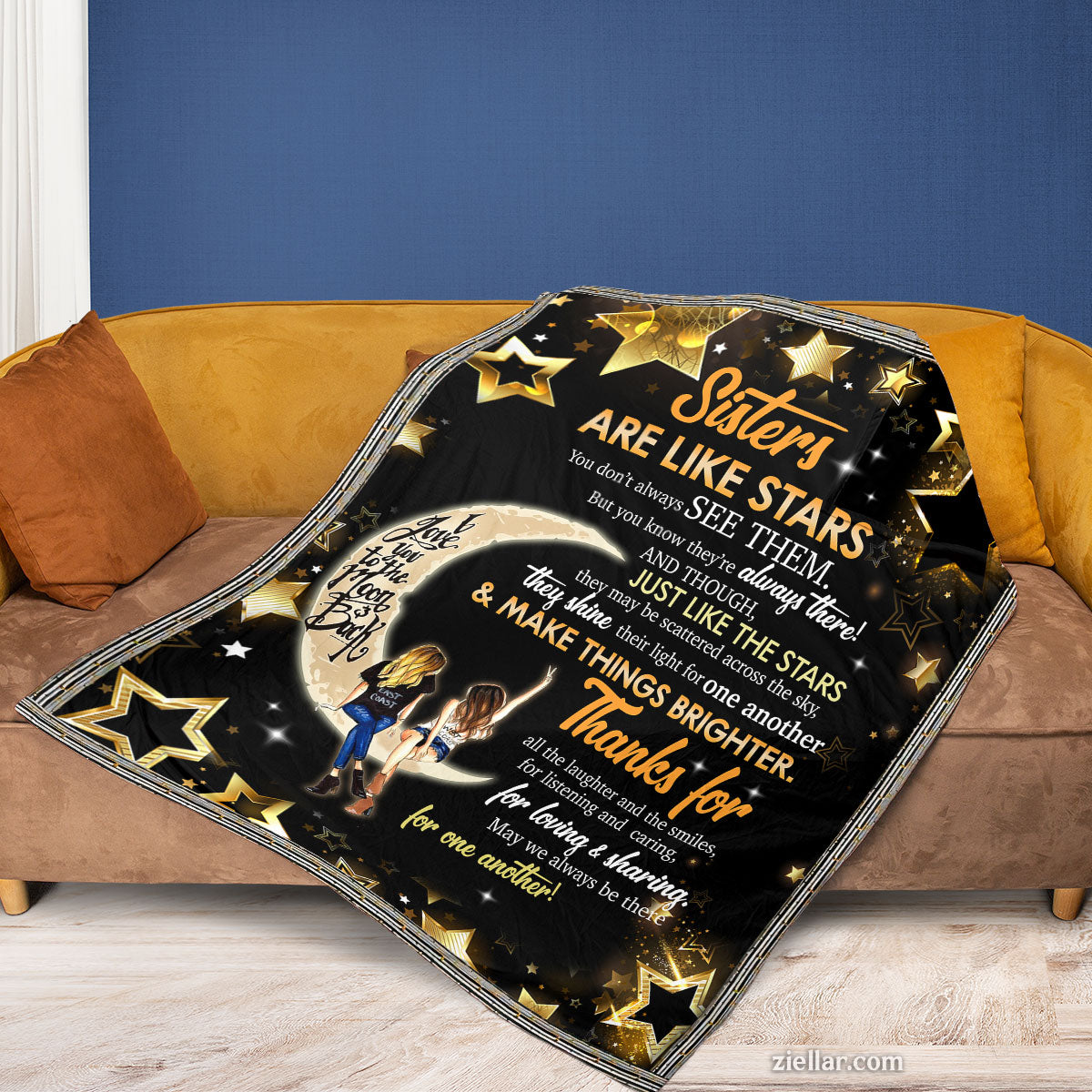 Sisters Are Like Stars Quilt Blanket, Fleece Blanket Galaxy Theme with Moon Gift, Personalized