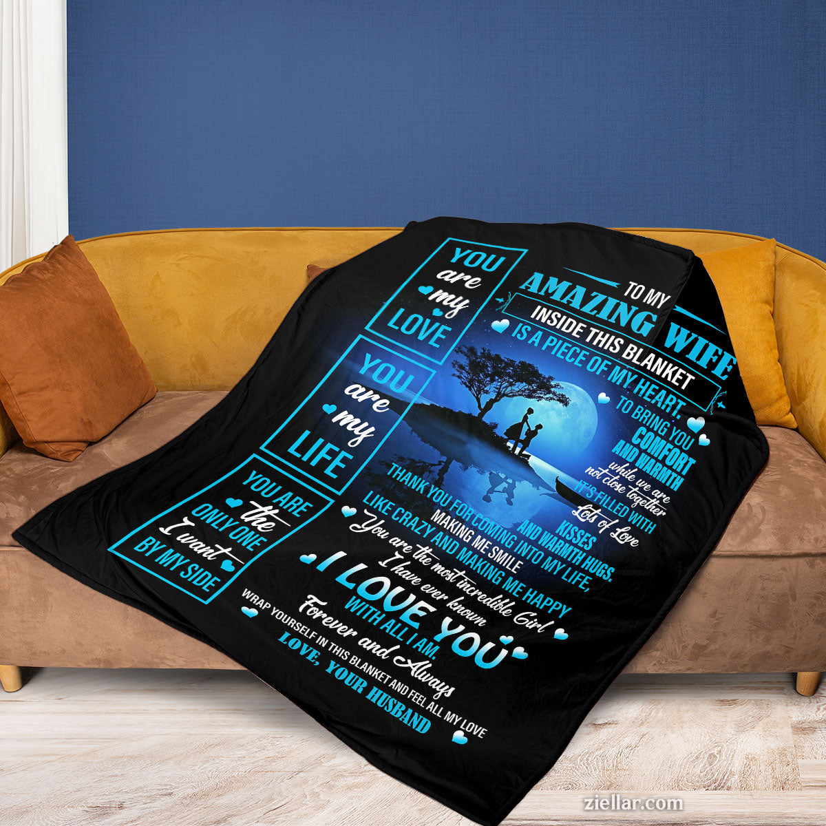 To My Amazing Wife Quilt Blanket, Fleece Blanket Romantic Blue Ocean Theme, Custome Name Gift