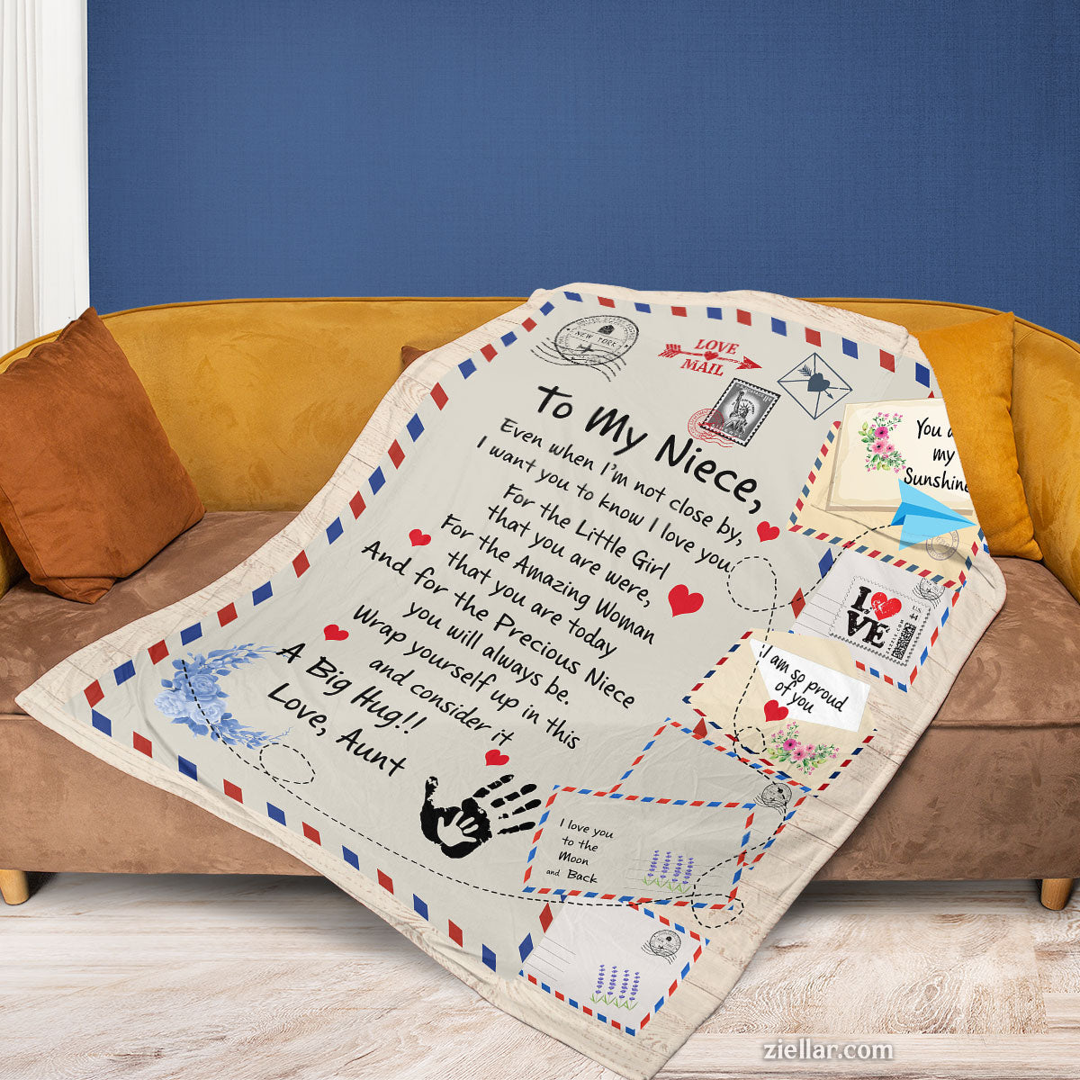 To My Niece Quilt Blanket, Fleece Blanket Cute Airmail Letter and Heart Theme Gift, Custome Name