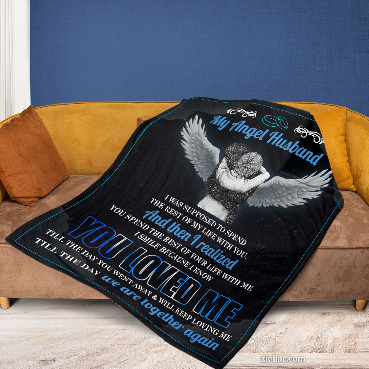 To My Angel Husband Quilt Blanket, Fleece Blanket Memorial Dove Sky Theme, Custome Name Option