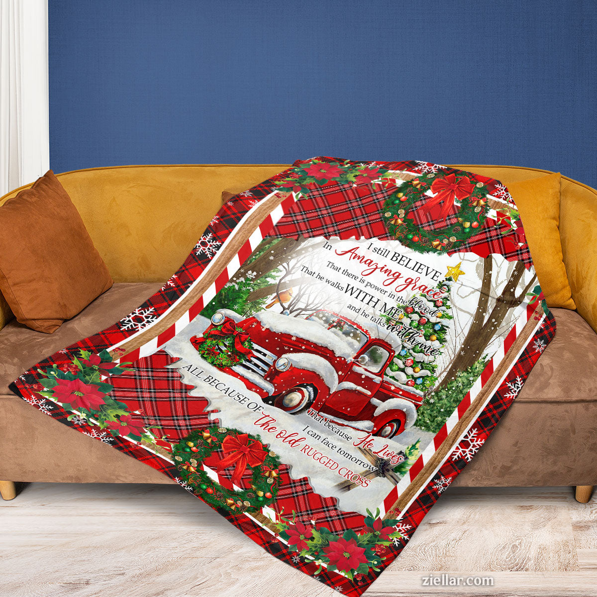 Merry Christmas Quilt Blanket, Fleece Blanket Red Plaid Truck Tree Winter Holiday Design