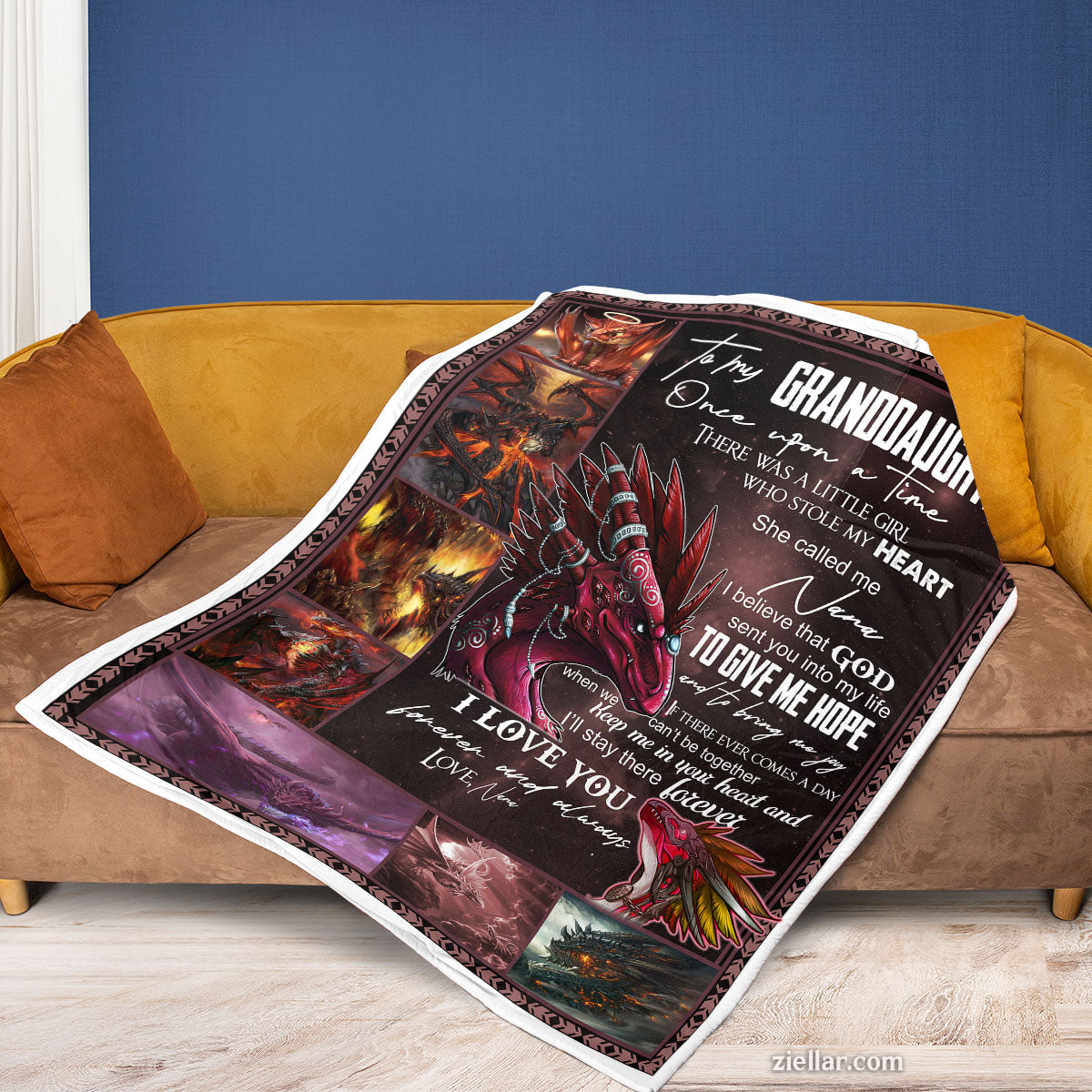 To My Granddaughter Quilt Blanket, Fleece Blanket Dragon and Fire Fantasy Art, Custome Name Gift