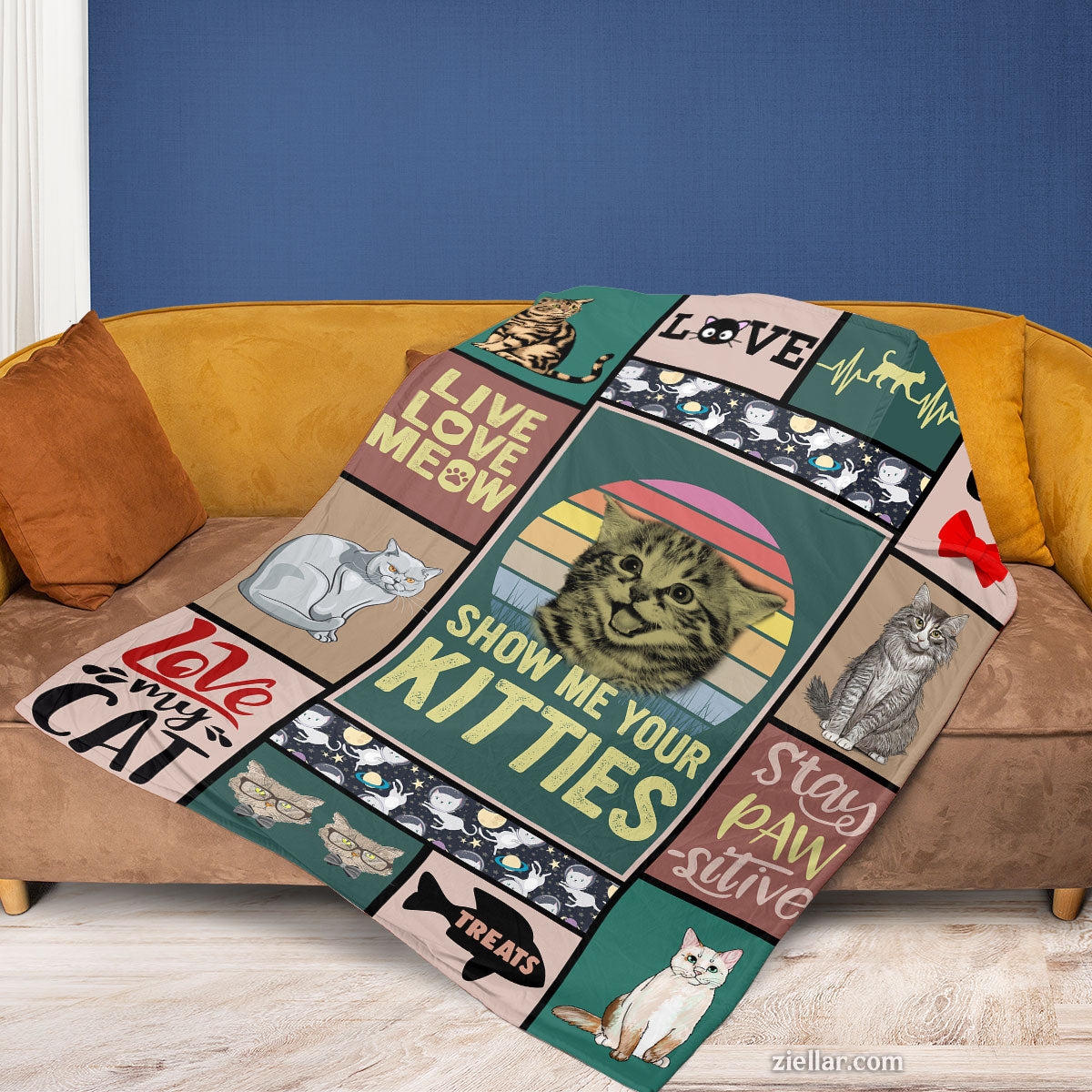 Show Me Your Kitties Quilt Blanket, Fleece Blanket Cat Lover Collage Gift with Cute Sayings