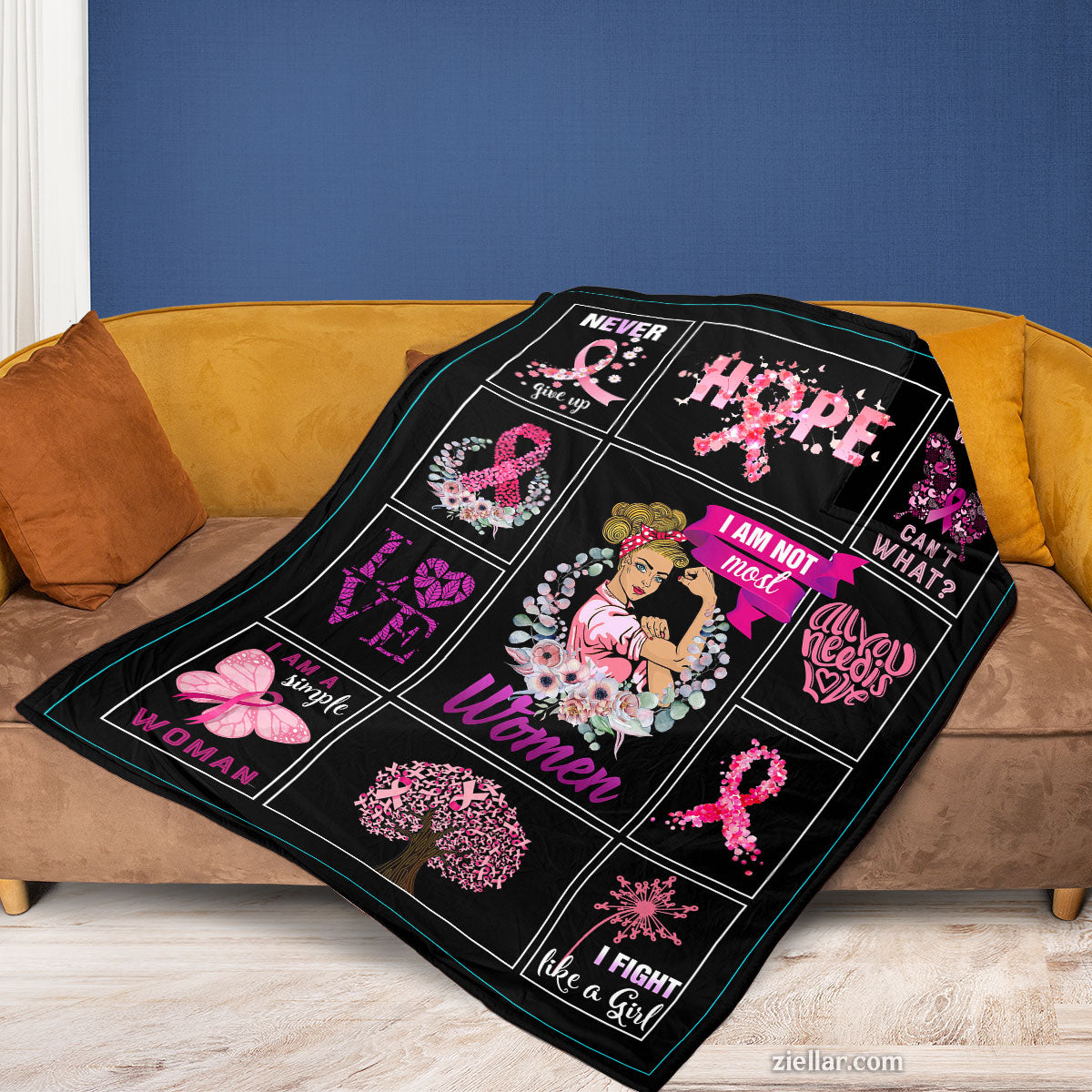 Breast Cancer Awareness Quilt Blanket, Fleece Blanket Hope Fight Like a Girl Ribbon Gift
