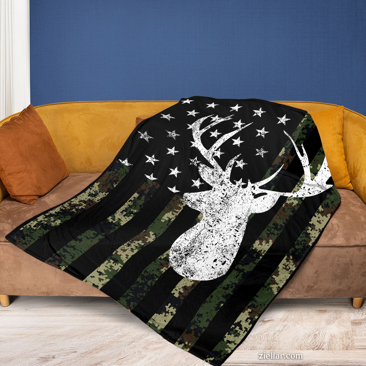 Deer American Flag Quilt Blanket, Fleece Blanket Rustic Buck and Stars Outdoor Theme Gift