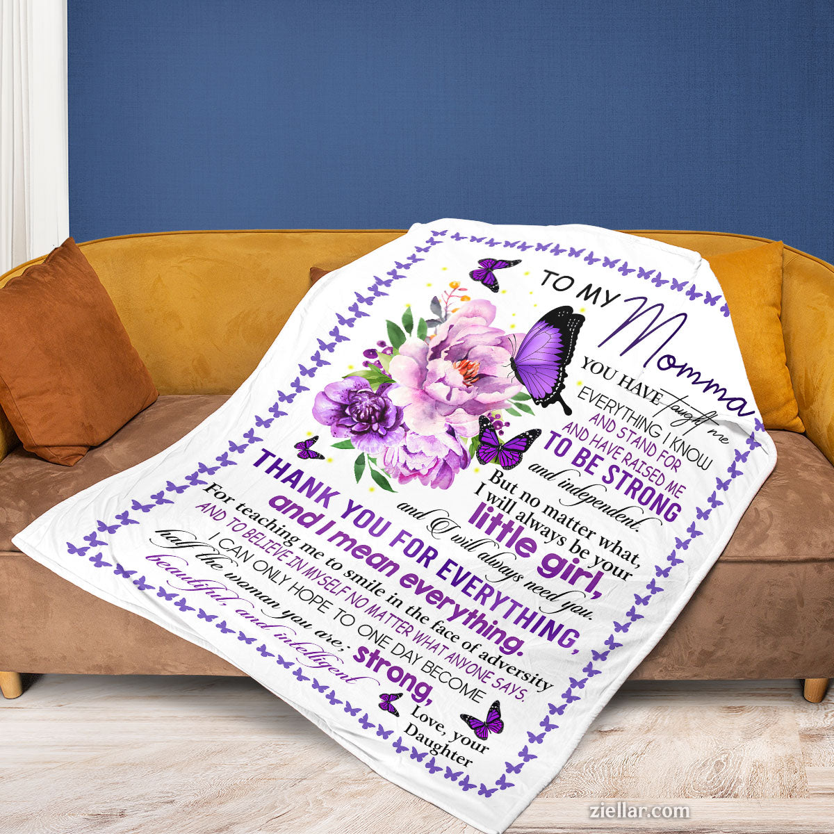 To My Momma Quilt Blanket, Fleece Blanket Purple Floral Design Gift from Daughter, Custome Name