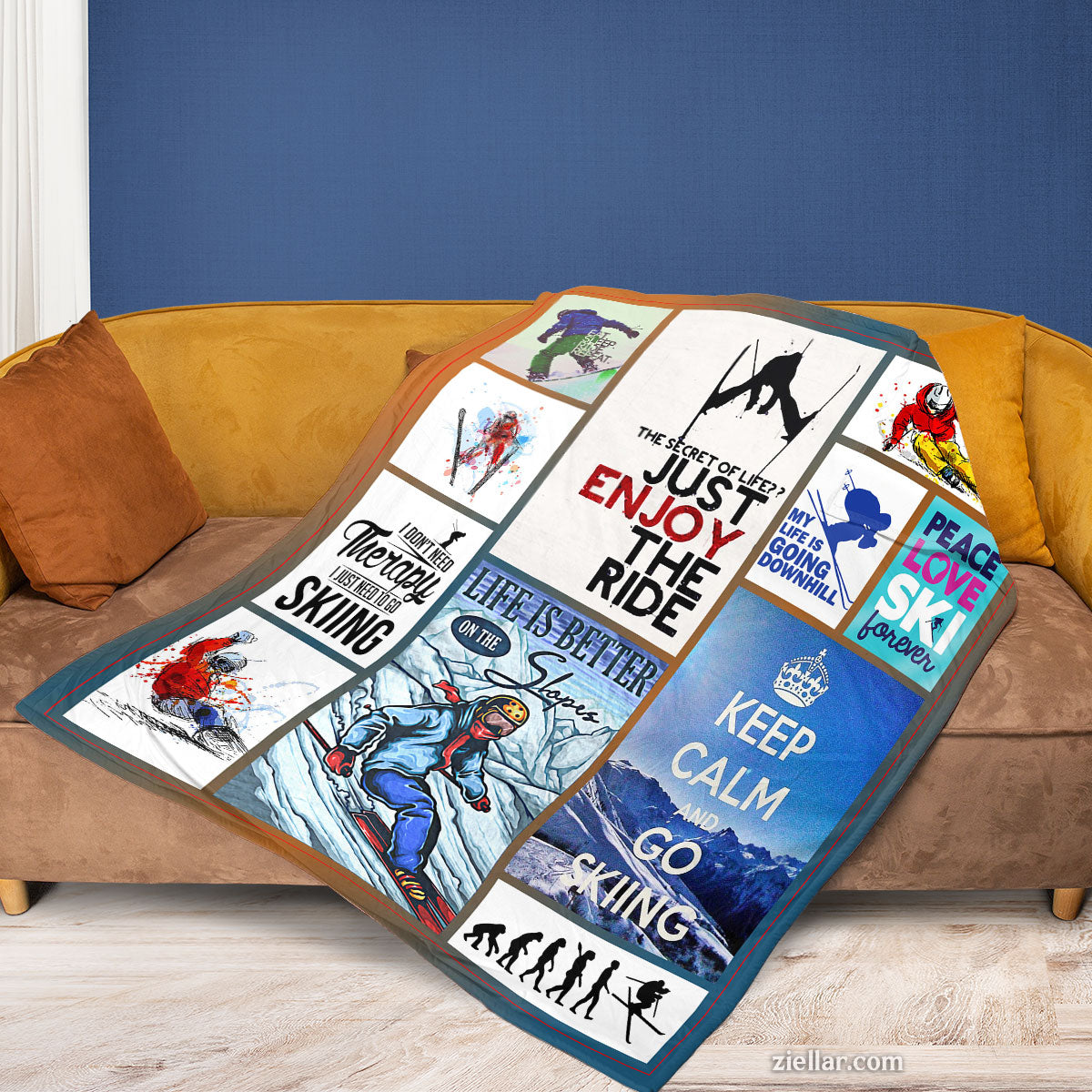 Skiing Lover Quilt Blanket, Fleece Blanket Vintage Winter Sports Poster Style Design