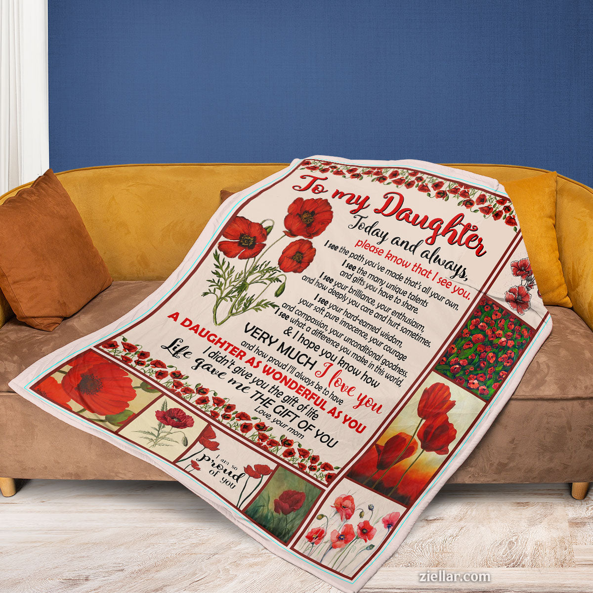 To My Daughter Quilt Blanket, Fleece Blanket Red Poppy Flower Design Gift, Custome Name Option