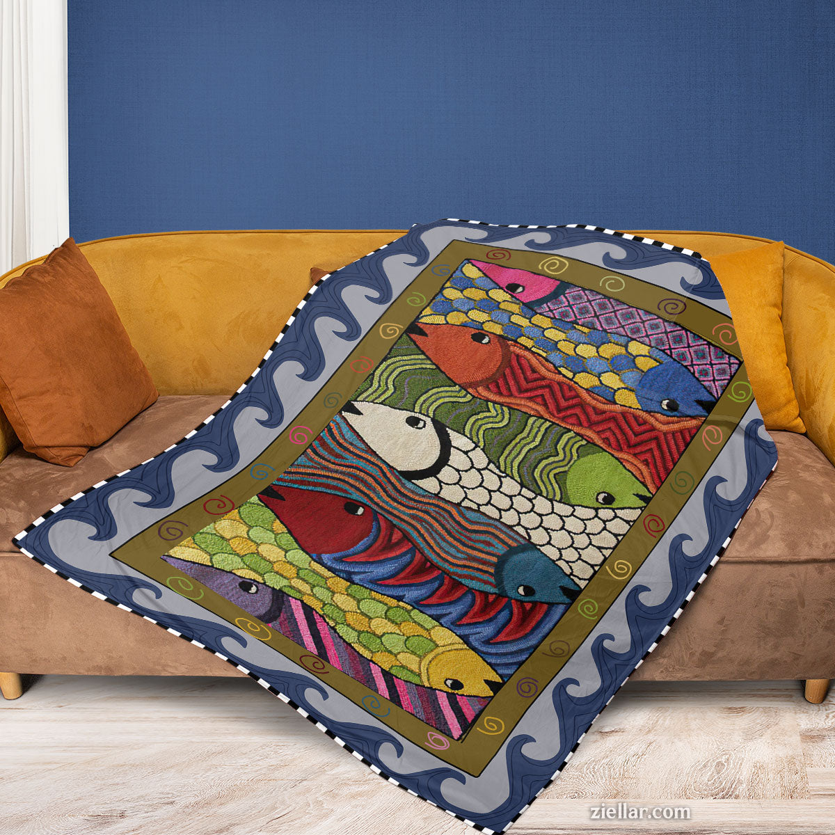 Colorful Fish Quilt Blanket, Fleece Blanket Artistic Ocean Animal Theme Decorative Design