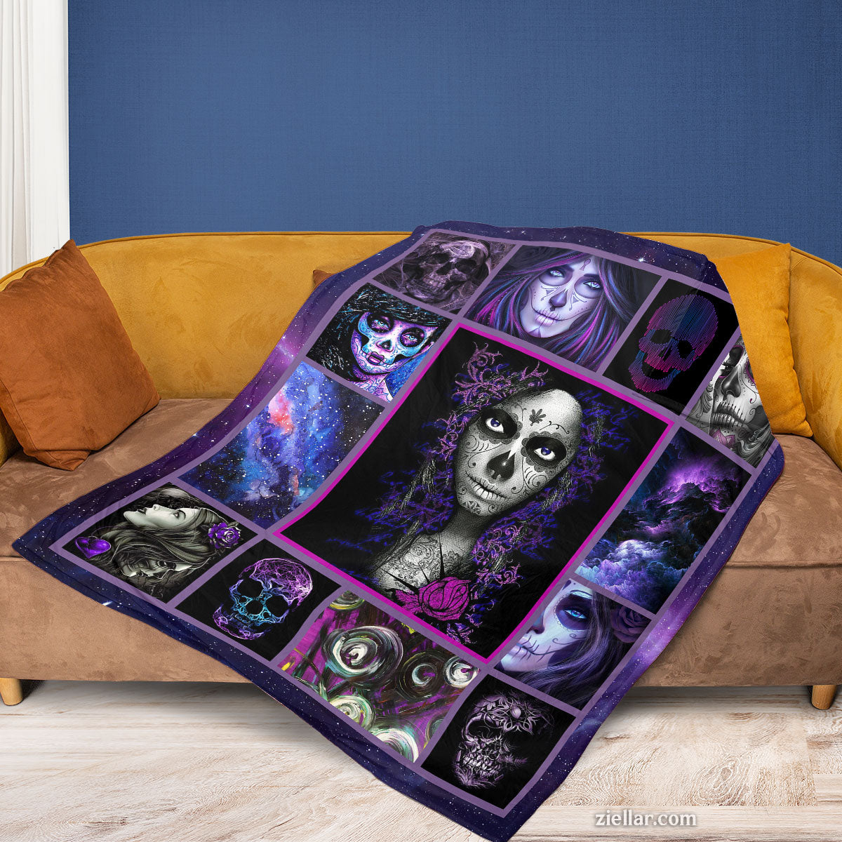 Purple Skull Galaxy Quilt Blanket, Fleece Blanket for Gothic Lovers with Cosmic Skulls Design