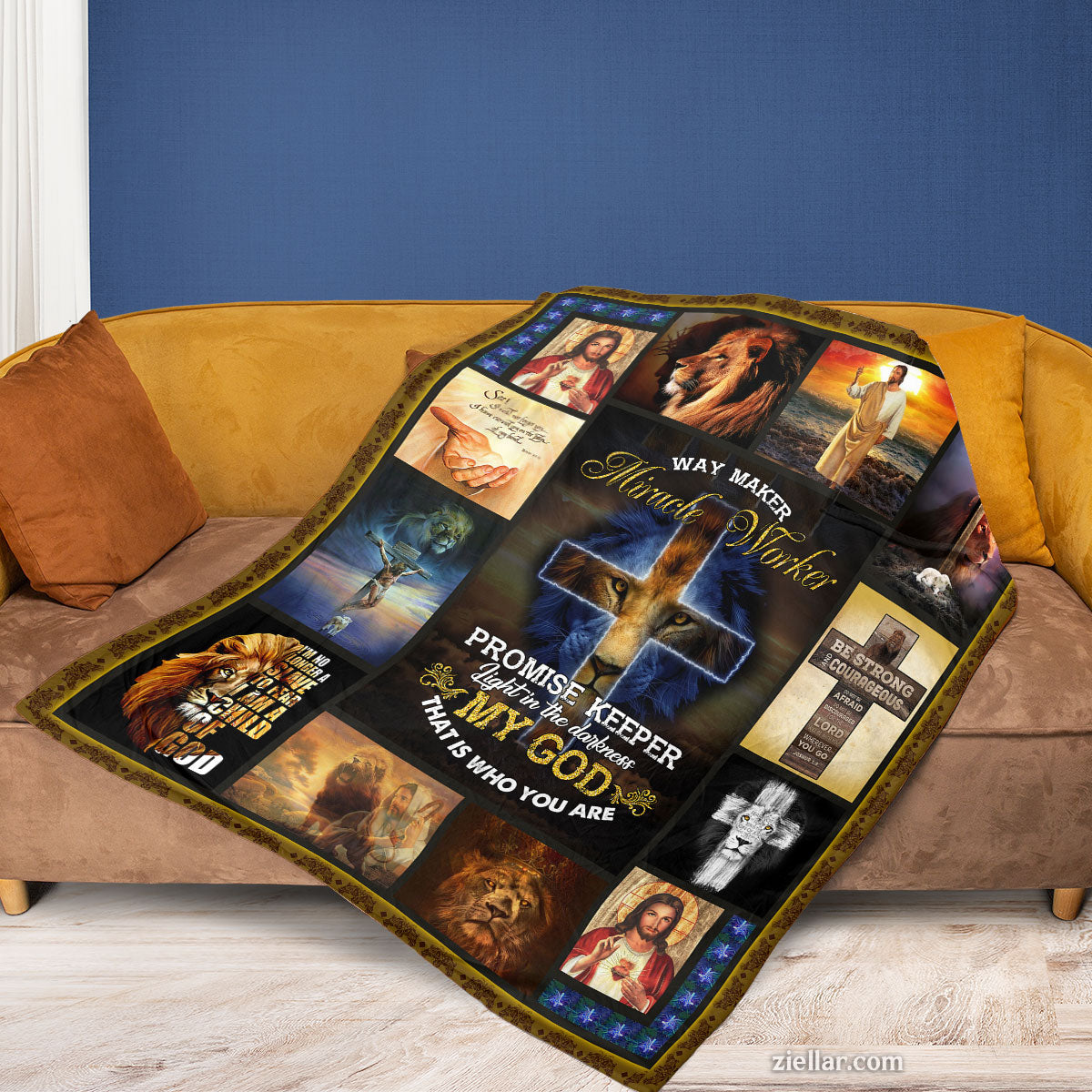 Christian Faith Quilt Blanket, Fleece Blanket Jesus and Lion Cross Theme, Personalized Option