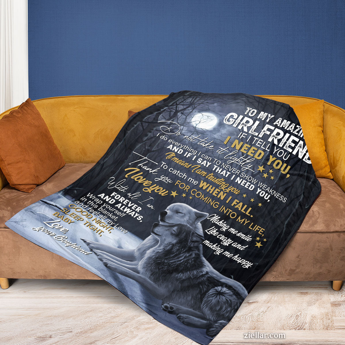 To My Amazing Girlfriend Quilt Blanket, Fleece Blanket Wolf Night Sky Theme, Custome Name