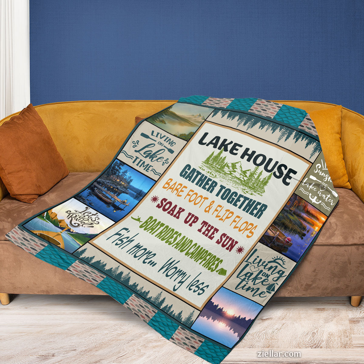 Lake House Rules Quilt Blanket, Fleece Blanket Rustic Cabin Decor with Lake Quotes Design