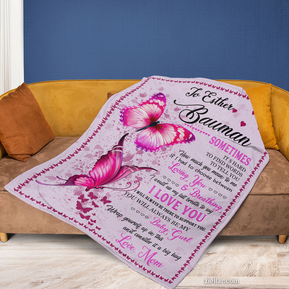 To Esther Bauman Quilt Blanket, Fleece Blanket Butterfly Gift with Pink Theme, Custome Name
