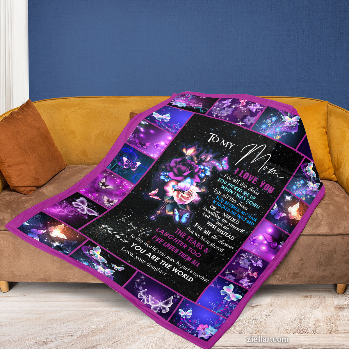 To My Mom Quilt Blanket, Fleece Blanket Purple Floral Galaxy Gift from Daughter, Custome Name