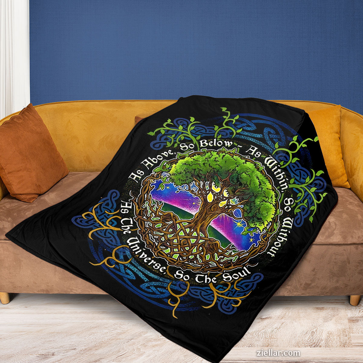 Celtic Tree of Life Quilt Blanket, Fleece Blanket Spiritual Forest Owl Design Gift Idea