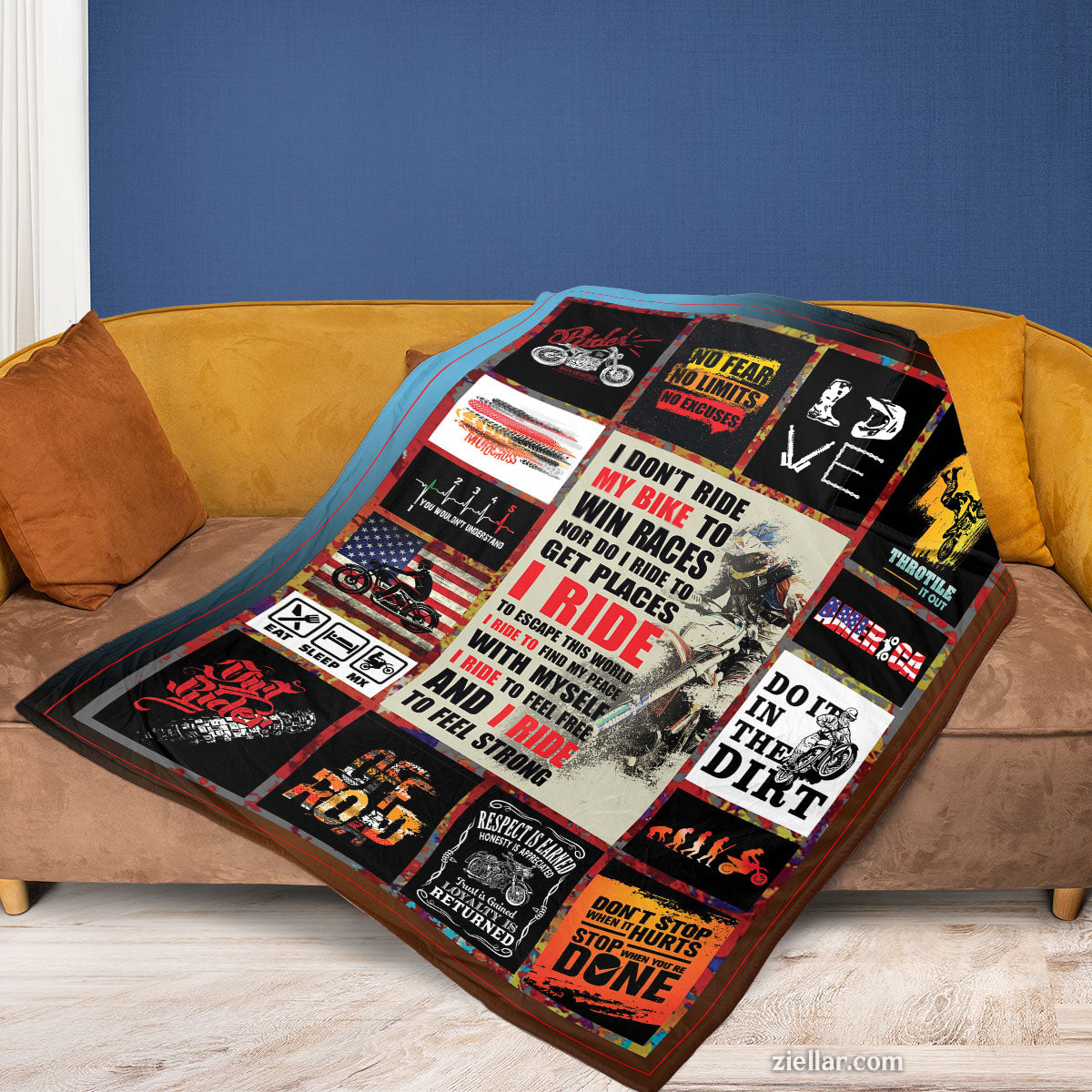 Dirt Bike Quotes Quilt Blanket, Fleece Blanket Racing Theme for Riders and Extreme Sports Fans
