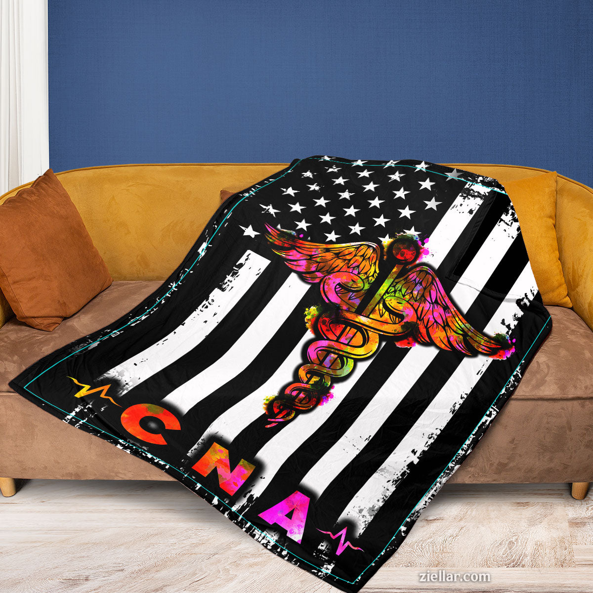 CNA Nurse Quilt Blanket, Fleece Blanket American Flag Medical Theme for Healthcare Workers