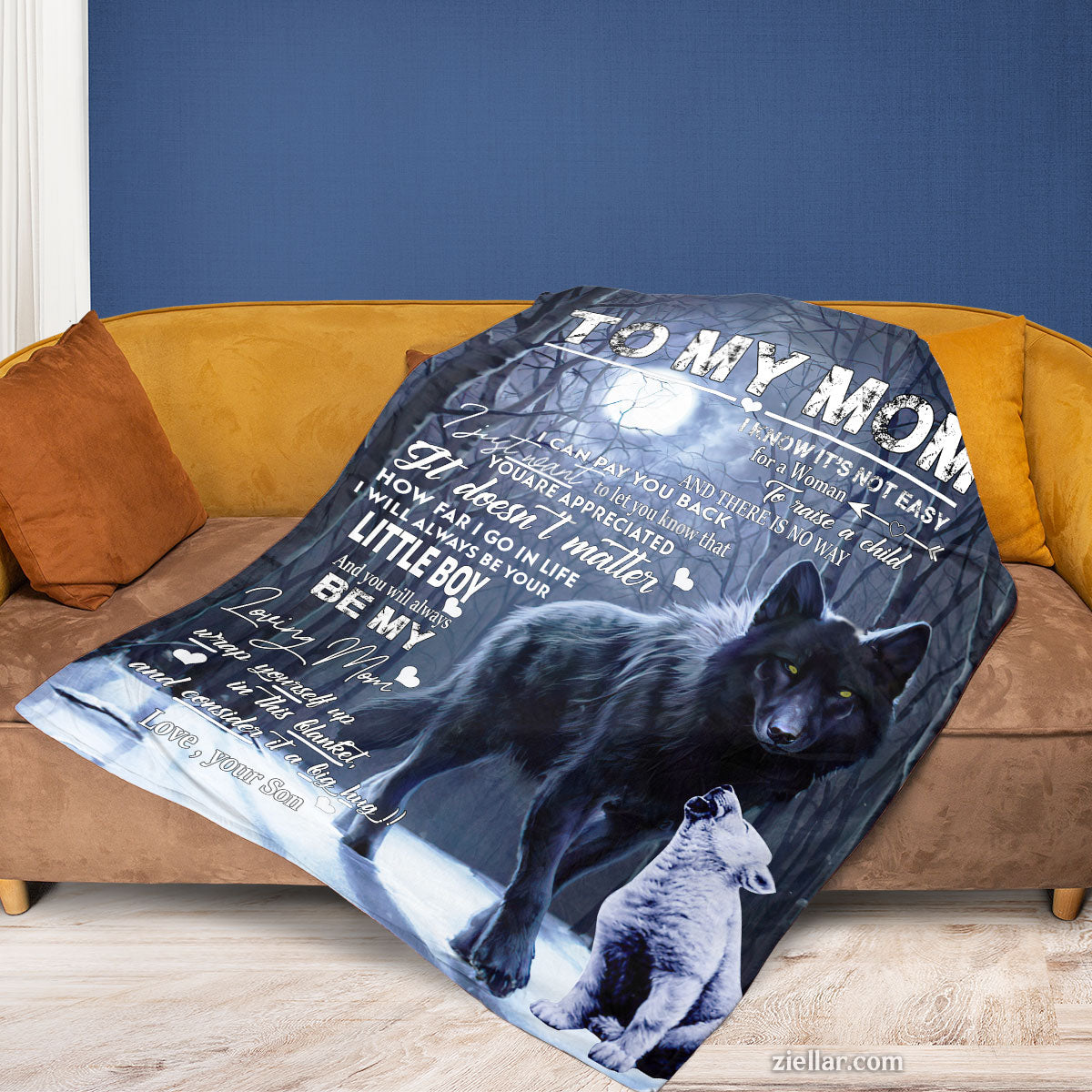 To My Mom Quilt Blanket, Fleece Blanket Wolf and Pup Winter Forest Design, Custome Name Option