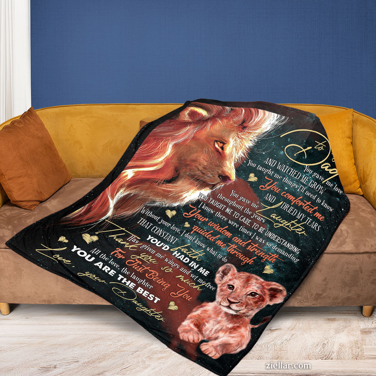 To My Dad Quilt Blanket, Fleece Blanket Lion and Cub Art with Loving Message, Custome Name