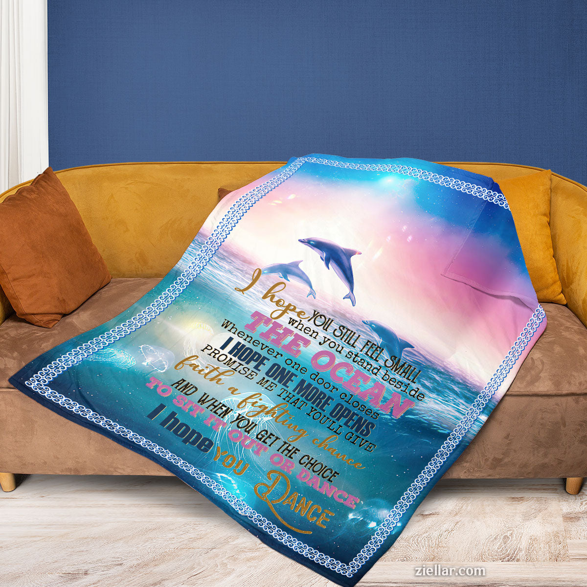 Dolphin Ocean Sunset Quilt Blanket, Fleece Blanket Beach Lover or Sea Life Gift Design