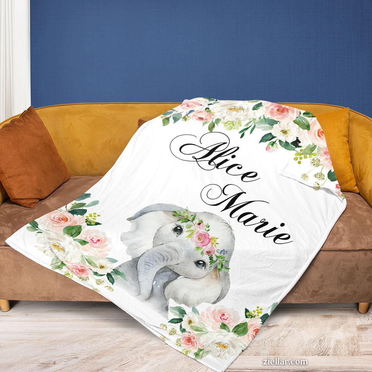 Elephant Floral Name Quilt Blanket, Fleece Blanket Baby Girl Nursery Art, Custome Name Option