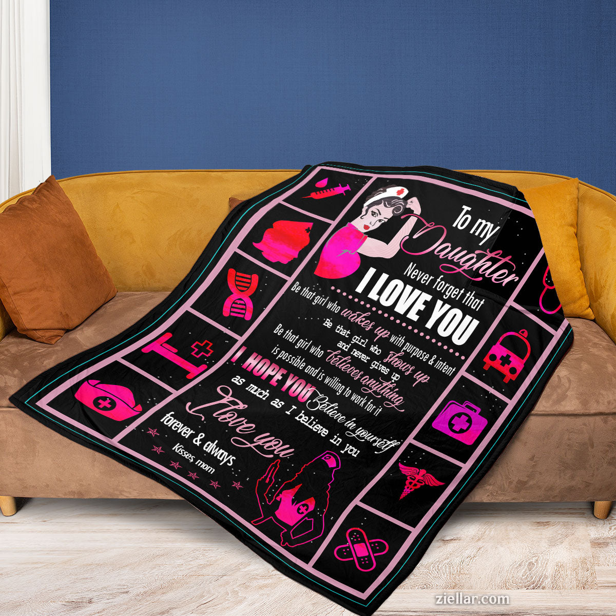 To My Daughter Quilt Blanket, Fleece Blanket Neon Icons and Love Quote Gift, Personalized