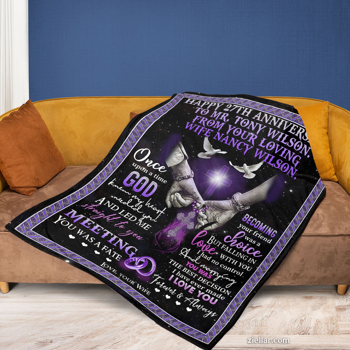 Anniversary Quilt Blanket, Fleece Blanket Purple Doves Gift for Wife or Husband, Custom Name