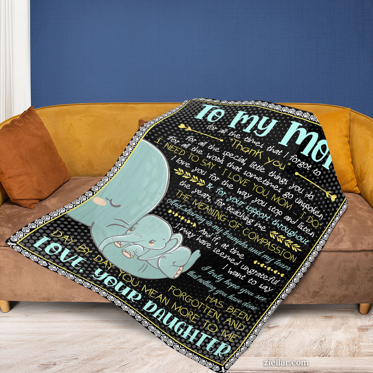 To My Mom Quilt Blanket, Fleece Blanket Elephant and Moon Art from Daughter, Personalized