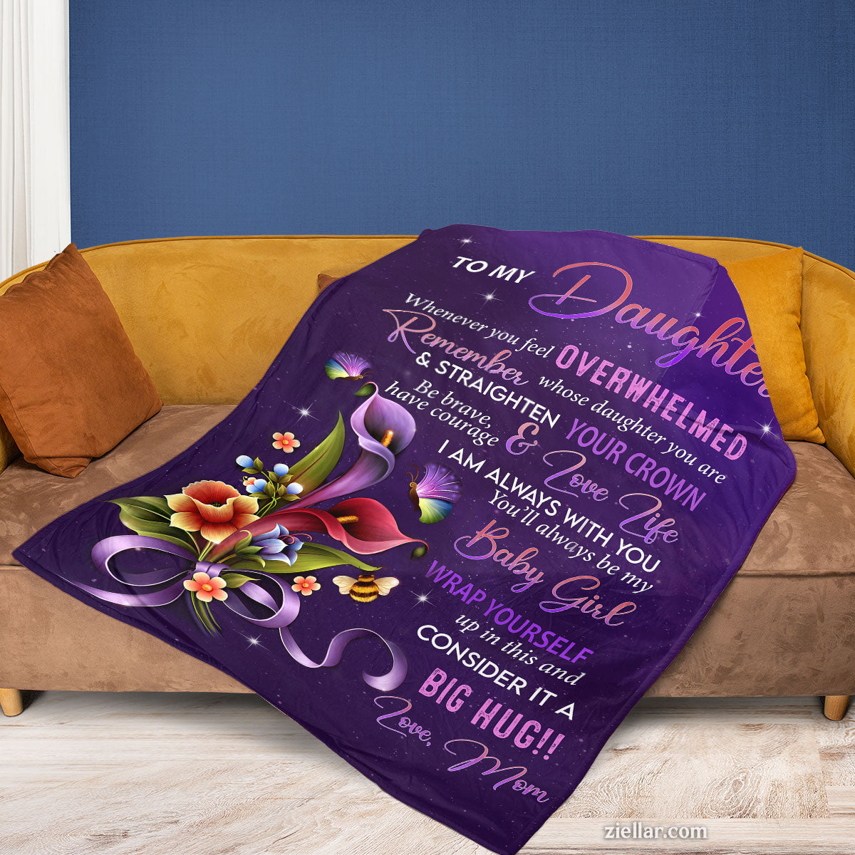 To My Daughter Quilt Blanket, Fleece Blanket Purple Floral Art from Mom, Custome Name