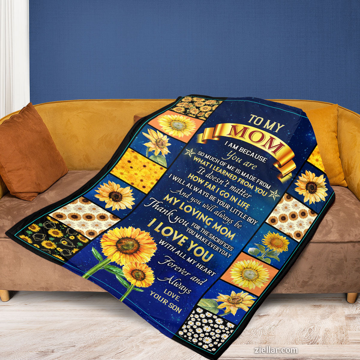 To My Mom Quilt Blanket, Fleece Blanket Sunflower Patchwork Art, Custome Name Option