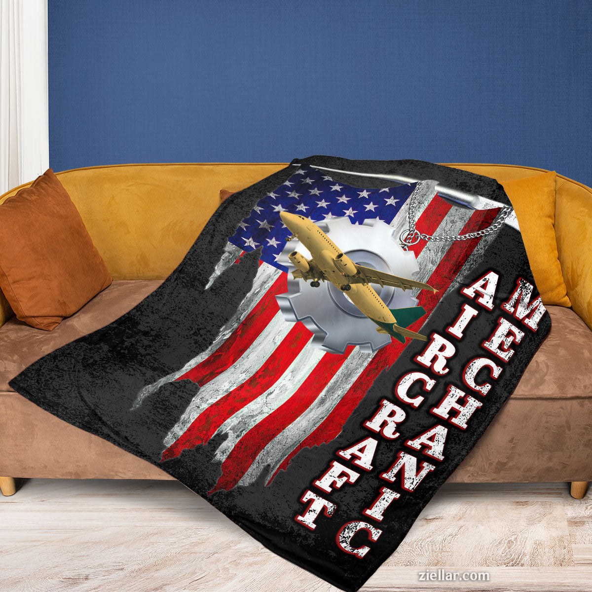 Aircraft Mechanic Quilt Blanket, Fleece Blanket American Flag Patriotic Gift