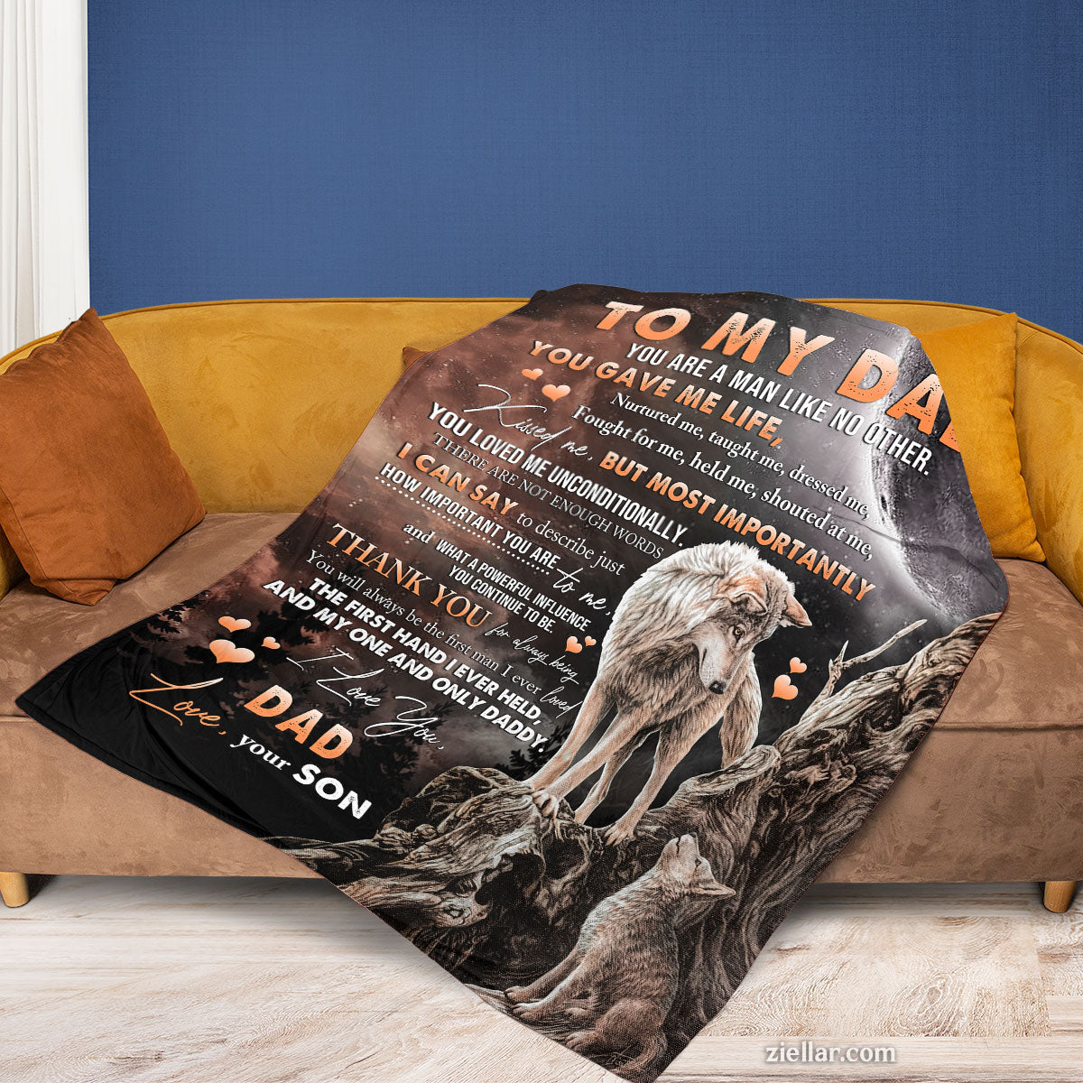 To My Dad Quilt Blanket, Fleece Blanket Thank You Gift from Son with Wolf Design