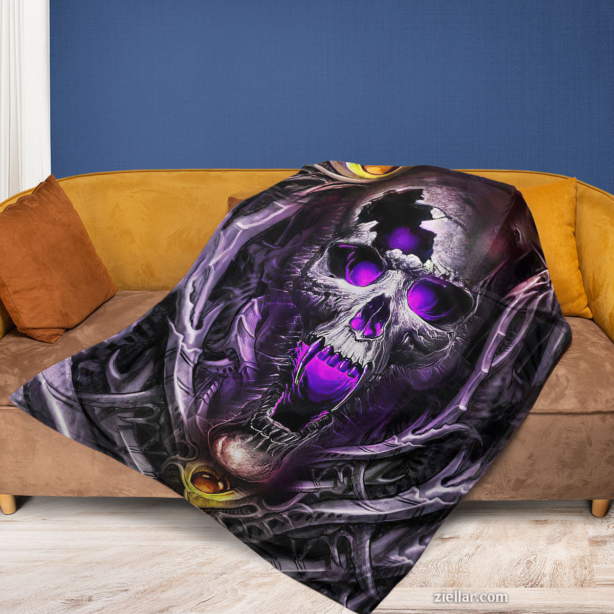 Skull Art Quilt Blanket, Fleece Blanket Dark Purple Gothic Gift for Unique Style Lovers