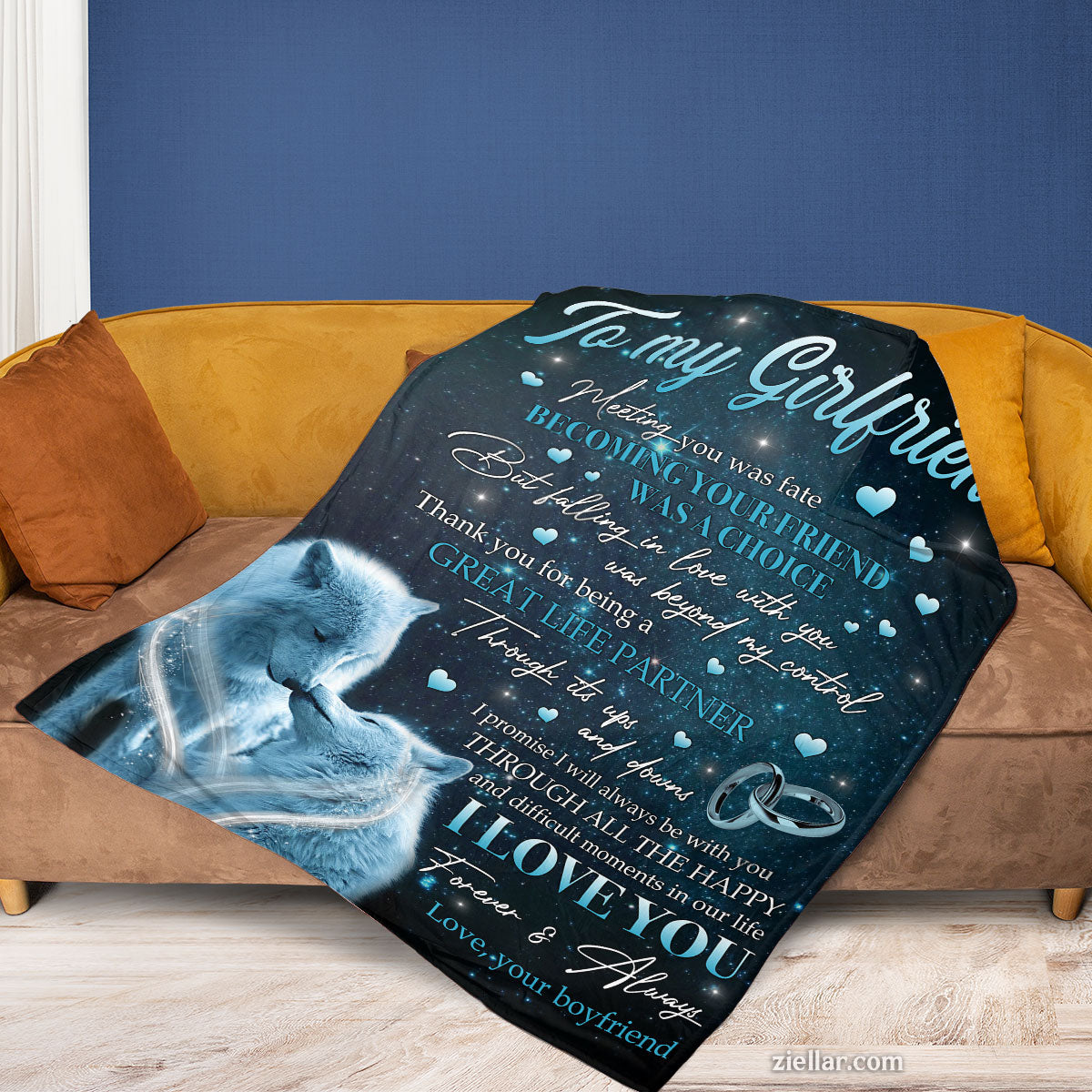 To My Girlfriend Quilt Blanket, Fleece Blanket Romantic Wolves Gift from Loving Boyfriend
