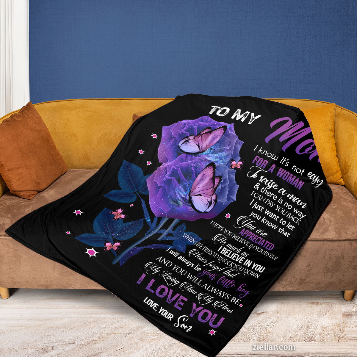 To My Mom Quilt Blanket, Fleece Blanket Gift with Purple Butterflies and Love Message