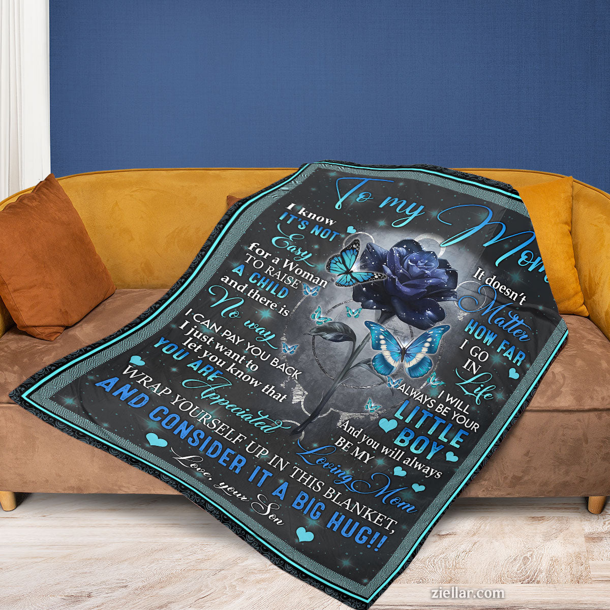 To My Mom Quilt Blanket, Fleece Blanket with Blue Rose and Message from Son