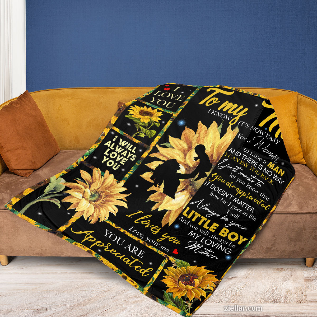 To My Mom Quilt Blanket, Fleece Blanket Gift with Sunflowers and Message from Son
