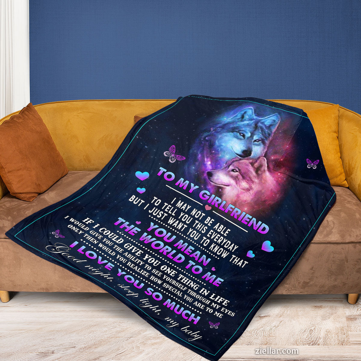 To My Girlfriend Quilt Blanket, Fleece Blanket Gift with Galaxy Wolf and Love Quote