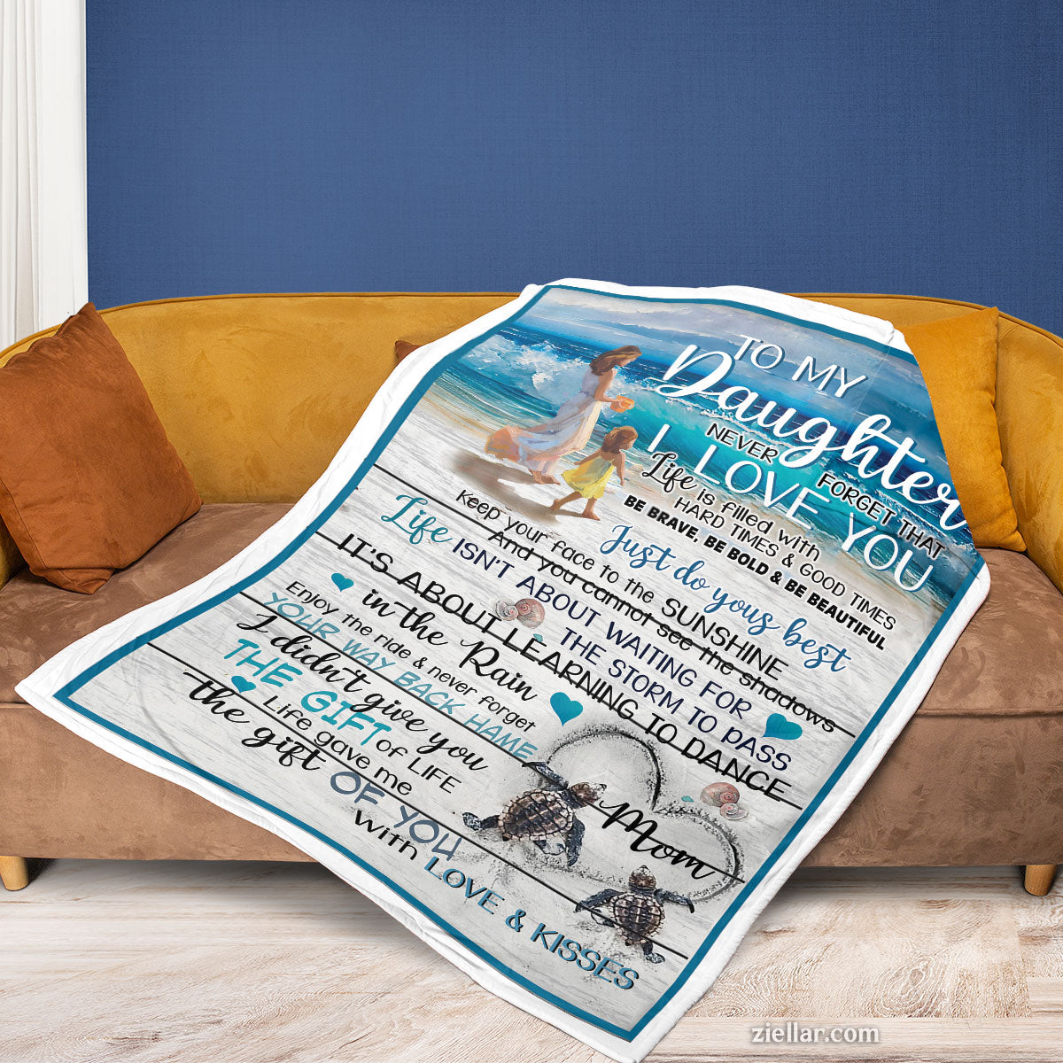 To My Daughter Quilt Blanket, Fleece Blanket with Beach Scene and Sentimental Note